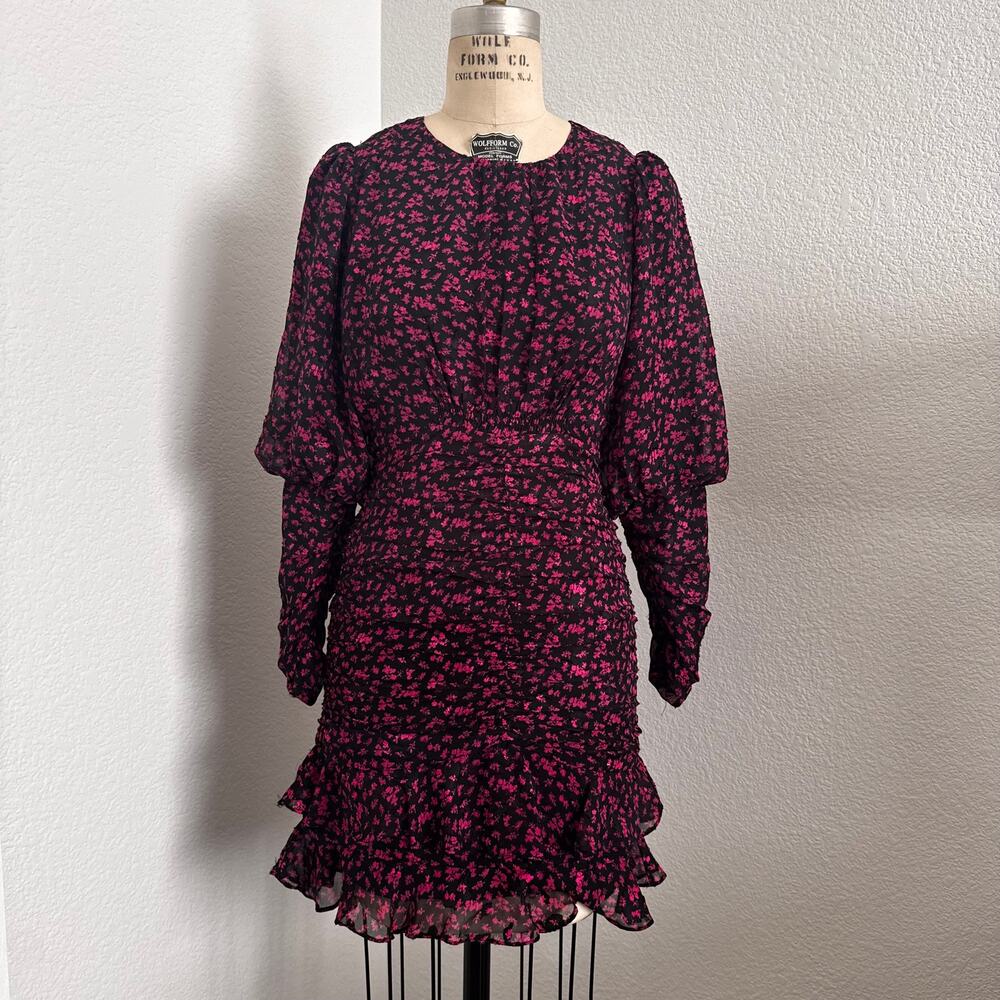 ASTR The Label Claremore Ruched Mini Dress Black Magenta Floral Long Sleeve - Picture 1 of 9